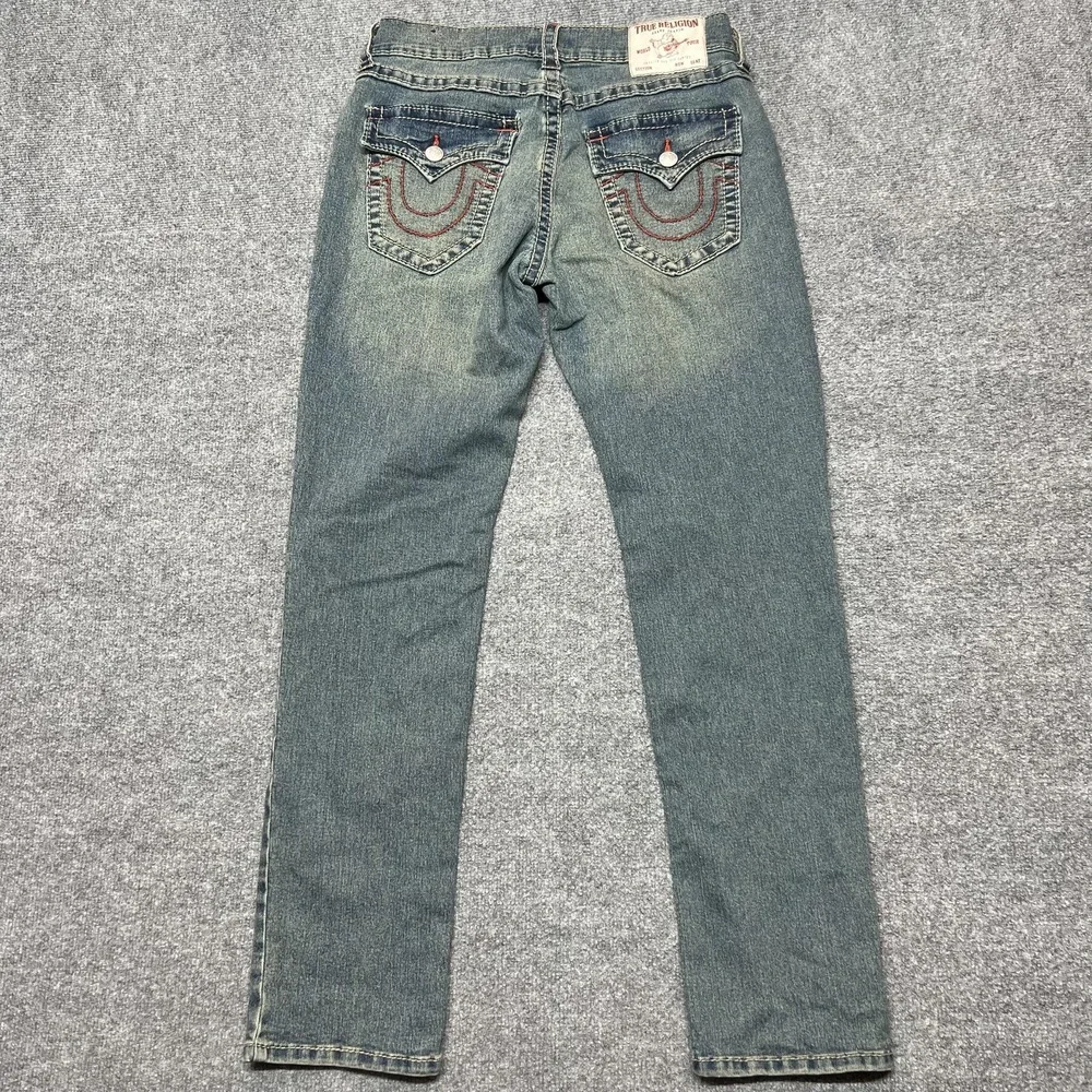 True Religion Jeans Mens 31x32 Blue Geno Big T Flap Slim Stretch Zip Fly